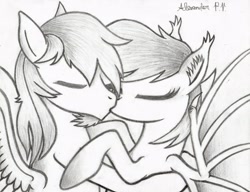 Size: 3284x2522 | Tagged: safe, imported from derpibooru, oc, oc:nolegs, oc:summer scorch, bat pony, pegasus, bat pony oc, couple, eyes closed, female, holding, kissing, male, scorchlegs, shipping, straight, traditional art