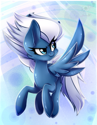 Size: 836x1080 | Tagged: safe, artist:bloody-pink, imported from derpibooru, night glider, pegasus, pony, abstract background, female, flying, mare, smiling, solo, spread wings, wings