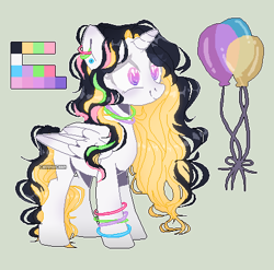 Size: 447x442 | Tagged: safe, artist:chuuniichan, imported from derpibooru, oc, alicorn, pony, adopted, alicorn oc, balloon, bracelet, color palette, ear piercing, female, gray background, horn, jewelry, piercing, simple background