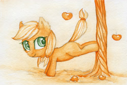 Size: 3349x2248 | Tagged: safe, artist:0okami-0ni, imported from derpibooru, applejack, pony, female, filly, solo, traditional art, tree, tree bucking