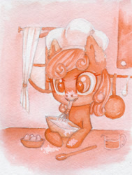 Size: 2184x2886 | Tagged: safe, artist:0okami-0ni, imported from derpibooru, perfect pie, earth pony, pony, apple family member, batter, egg, egg beater, female, filly, food, frying pan, huevember, solo, traditional art