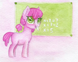 Size: 2677x2121 | Tagged: safe, artist:0okami-0ni, imported from derpibooru, cheerilee, earth pony, pony, blank flank, chalkboard, cheeribetes, cute, female, filly, foal, huevember, math, mouth hold, solo, traditional art