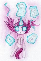 Size: 1916x2846 | Tagged: safe, artist:0okami-0ni, imported from derpibooru, starlight glimmer, pony, unicorn, book, female, filly, huevember, scroll, solo, traditional art