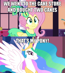 Size: 640x720 | Tagged: safe, edit, edited screencap, imported from derpibooru, screencap, fluttershy, princess celestia, make new friends but keep discord, season 2, season 5, the return of harmony, :i, :t, cake, cakelestia, caption, clothes, comic, crossing the memes, dress, faic, food, image macro, looking at you, meme, screencap comic, smiling, smirk, spread wings, text, that's my pony, that's my x, twiface, we bought two cakes, wings