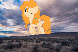 Size: 2400x1597 | Tagged: safe, artist:jhayarr23, artist:thegiantponyfan, imported from derpibooru, pear butter, earth pony, pony, female, giant earth pony, giant pony, giantess, highrise ponies, irl, macro, mountain, photo, ponies in real life, scenery, show accurate