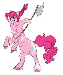 Size: 711x844 | Tagged: safe, artist:phobicalbino, imported from derpibooru, pinkie pie, anthro, centaur, earth pony, taur, alternate universe, anthro centaur, axe, battle axe, braid, coat markings, ear piercing, earring, female, grin, jewelry, piebald coat, piebald colouring, piercing, ponytaur, rearing, simple background, smiling, socks (coat marking), socks (coat markings), solo, unshorn fetlocks, viking au, weapon, white background