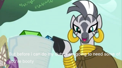 Size: 2048x1136 | Tagged: safe, edit, edited screencap, imported from derpibooru, screencap, spike, zecora, zebra, just for sidekicks, dialogue, female, gem, implied spicora, innuendo, male, male pov, meme, offscreen character, out of context, pov, slowpoke, solo focus