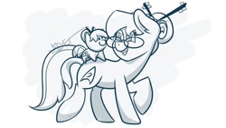 Size: 1280x720 | Tagged: safe, artist:cadetredshirt, imported from derpibooru, oc, oc only, oc:cadetpone, earth pony, original species, plush pony, pony, bangs, chopsticks, digital art, glasses, hair bun, inked, looking back, monochrome, plushie, solo, walking