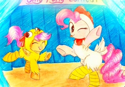 Size: 3282x2301 | Tagged: safe, artist:liaaqila, imported from derpibooru, pinkie pie, scootaloo, earth pony, pegasus, pony, animal costume, chicken pie, chicken suit, clothes, costume, cute, cutealoo, diapinkes, eyes closed, female, filly, looking at you, mare, one eye closed, scootachicken, silly, silly pony, tongue out, traditional art, wink