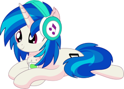 Size: 1024x738 | Tagged: safe, artist:cyanlightning, imported from derpibooru, dj pon-3, vinyl scratch, pony, unicorn, .svg available, absurd resolution, chest fluff, ear fluff, female, headphones, holding, mare, mp3 player, prone, simple background, solo, transparent background, vector