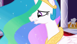 Size: 1280x738 | Tagged: safe, imported from derpibooru, screencap, princess celestia, alicorn, pony, the return of harmony, carpet, crown, female, folded wings, jewelry, mare, pillar, regalia, solo, statue, wings, worried