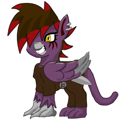 Size: 2000x2000 | Tagged: safe, artist:ciaran, derpibooru exclusive, imported from derpibooru, oc, oc only, griffon, pony, 2020 community collab, derpibooru community collaboration, amputee, artificial wings, augmented, bloody eyes, clothes, female, grin, knife, mercenary, metal beak, metal claws, piercing, prosthetic limb, prosthetic wing, prosthetics, raider, simple background, smiling, solo, transparent background, wings