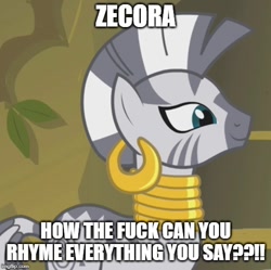 Size: 501x498 | Tagged: safe, edit, edited screencap, editor:twi clown, imported from derpibooru, screencap, zecora, pony, zebra, bridle gossip, caption, cropped, female, image macro, meme, solo, text, vulgar