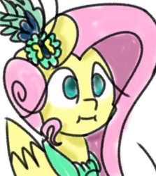 Size: 816x915 | Tagged: safe, artist:treble clefé, imported from derpibooru, fluttershy, pegasus, pony, :i, alternate hairstyle, bust, clothes, cute, dress, female, gala dress, simple background, solo, we bought two cakes, white background