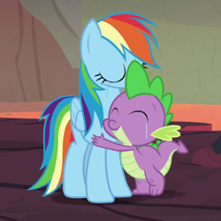 Size: 670x670 | Tagged: safe, edit, edited screencap, editor:undeadponysoldier, imported from derpibooru, screencap, rainbow dash, spike, dragon, pegasus, pony, shadow play, best friends until the end of time, cropped, crying, female, heartwarming, hug, lava, male, mama dash, mare, spikelove, tears of joy