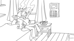 Size: 1200x675 | Tagged: safe, artist:treble clefé, imported from derpibooru, sunset shimmer, eqg summertime shorts, equestria girls, monday blues, alarm clock, bed, breasts, busty sunset shimmer, clock, female, messy hair, monochrome, solo, sunset's apartment