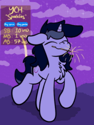 Size: 1080x1440 | Tagged: dead source, safe, artist:kimjoman, artist:php142, imported from derpibooru, oc, oc only, oc:purple flix, pony, unicorn, animated, chest fluff, commission, cute, eyes closed, fireworks, floppy ears, gif, male, mouth hold, new year, night, solo, sparkler (firework), text, ych example, your character here