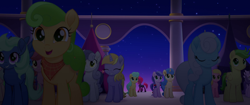 Size: 1920x804 | Tagged: safe, imported from derpibooru, screencap, clear skies, glow dust, linky, melody star, oasis waterfall, perfect pie, riverwalk, shoeshine, tempest shadow, earth pony, pegasus, pony, unicorn, my little pony: the movie, apple family member, armor, background pony, bandana, broken horn, crowd, elderberry, eyes closed, female, happy, horn, male, mare, night, rainbow (song), sad, stallion, standing, stars, unnamed character, unnamed pony, walking, walking away