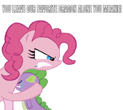 Size: 647x578 | Tagged: safe, artist:quilltastic, edit, editor:undeadponysoldier, imported from derpibooru, pinkie pie, spike, earth pony, pony, angry, crying, female, hug, mare, meme, offscreen character, protecting, simple background, spikelove, white background
