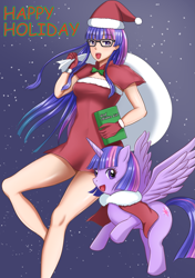 Size: 1165x1654 | Tagged: safe, artist:タツオ, imported from derpibooru, kotobukiya, twilight sparkle, alicorn, human, pony, christmas, clothes, costume, female, glasses, hat, holiday, humanized, i can't believe it's not sci-twi, kotobukiya twilight sparkle, mare, santa costume, santa hat, twilight sparkle (alicorn), twilight's professional glasses