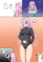 Size: 839x1191 | Tagged: safe, artist:タツオ, imported from derpibooru, kotobukiya, angel bunny, fluttershy, equestria girls, cellphone, clothes, dress, female, heart, japanese reading order, kotobukiya fluttershy, legs together, leotard, phone, right to left