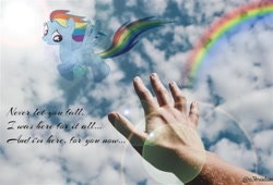 Size: 1100x750 | Tagged: safe, artist:z3bradan, imported from derpibooru, rainbow dash, human, pegasus, pony, ..., afterlife, cloud, duo, female, human male, lens flare, male, mare, offscreen character, pov, quote, rainbow, sky, wallpaper