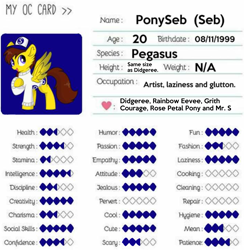 Size: 1841x1888 | Tagged: safe, artist:rainbow eevee, artist:sebtheartist, deleted from derpibooru, imported from derpibooru, oc, oc:ponyseb, pegasus, pony, clothes, cute, hat, lies, narcissism, oc card, shirt