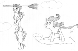 Size: 800x529 | Tagged: safe, artist:quint-t-w, imported from derpibooru, apple bloom, rarity, scootaloo, sweetie belle, earth pony, pegasus, pony, unicorn, black and white, broom, cloud, cutie mark crusaders, flying, flying broomstick, flying carpet, grayscale, holding on, magic carpet, monochrome, old art, panic, pencil drawing, struggling, traditional art, windswept mane