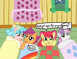 Size: 4096x3112 | Tagged: safe, artist:poniidesu, imported from derpibooru, apple bloom, cozy glow, scootaloo, sweetie belle, earth pony, pegasus, pony, unicorn, /mlp/, blanket, cloud, clubhouse, cozy glow is not amused, cozyloo, curtain, curtains, cutie mark crusaders, female, filly, hill, lesbian, moon, night, nordic gamer, scrunchy face, shipping, sleepover, text, window, y'all, yes