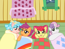 Size: 4096x3112 | Tagged: safe, alternate version, artist:poniidesu, imported from derpibooru, apple bloom, cozy glow, scootaloo, sweetie belle, earth pony, pegasus, pony, unicorn, blanket, cloud, clubhouse, cozy glow is not amused, cozyloo, curtain, curtains, cutie mark crusaders, female, filly, foal, hill, holding hooves, implied lesbian, moon, night, scrunchy face, shipping, sleepover, window