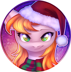 Size: 1433x1452 | Tagged: safe, artist:avrameow, imported from derpibooru, copper top, earth pony, pony, alternate hairstyle, christmas, clothes, commission, hat, holiday, icon, santa hat, scarf, solo, ych result, your character here