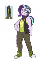 Size: 1044x1607 | Tagged: safe, artist:ponyretirementhome, imported from derpibooru, starlight glimmer, equestria girls, bandana, beanie, clothes, converse, female, grin, hat, jeans, pants, shirt, shoes, simple background, skull, smiling, solo, t-shirt, vest, white background