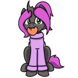 Size: 1500x1500 | Tagged: safe, artist:sugar morning, imported from derpibooru, oc, oc only, oc:violet nebula, changeling, 2020 community collab, derpibooru community collaboration, changeling oc, clothes, cute, fangs, female, food, looking at you, peach, purple changeling, simple background, solo, sweater, transparent background