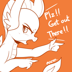 Size: 3600x3600 | Tagged: safe, artist:maren, imported from derpibooru, smolder, dragon, dialogue, encouragement, female, high res, looking at you, orange background, pointing, profile, simple background, solo