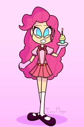 Size: 676x1024 | Tagged: safe, artist:cess_maga, imported from derpibooru, pinkie pie, human, cupcake, female, food, humanized, pink background, simple background, solo, teeth