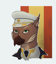 Size: 915x1050 | Tagged: safe, artist:callsign-echo, imported from derpibooru, oc, oc only, oc:alexander kemerskai, griffon, equestria at war mod, beak, bust, cap, clothes, flag, griffon oc, hat, male, necktie, portrait, solo