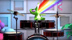 Size: 1672x935 | Tagged: safe, imported from derpibooru, screencap, gummy, rainbow dash, hello pinkie pie, drums, imma firin mah lazah, musical instrument, rainbow