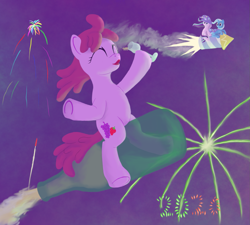 Size: 1233x1111 | Tagged: safe, artist:quint-t-w, imported from derpibooru, berry punch, starlight glimmer, trixie, earth pony, pony, unicorn, 2020, bottle, cape, clothes, eyes closed, fireworks, flying, glass, hat, open mouth, pun in description, riding, rocket, smoke, toy interpretation, trixie's cape, trixie's hat, trixie's rocket, windswept mane