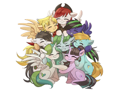 Size: 2360x1720 | Tagged: safe, artist:tcn1205, imported from derpibooru, oc, oc only, oc:asne, oc:enginebullet, oc:genevieve, oc:kimmy, oc:mappy, oc:poomy thai, oc:robert, oc:sunsky, alicorn, pegasus, pony, unicorn, 2020 community collab, derpibooru community collaboration, clothes, female, group hug, hat, hug, simple background, transparent background