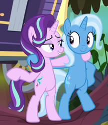 Size: 812x937 | Tagged: safe, imported from derpibooru, screencap, starlight glimmer, trixie, pony, unicorn, road to friendship, bipedal, cropped, duo, female, hoof around neck, lidded eyes, looking at each other, mare, smiling