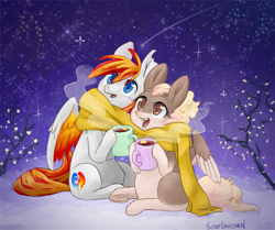 Size: 1795x1500 | Tagged: safe, artist:soapunicorn, imported from derpibooru, oc, pegasus, pony, clothes, duo, scarf, shared clothing, shared scarf