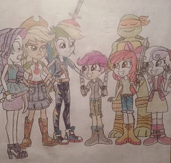 Size: 1259x1200 | Tagged: safe, artist:jebens1, imported from derpibooru, apple bloom, applejack, rainbow dash, rarity, scootaloo, sweetie belle, equestria girls, applejack is not amused, boots, clothes, converse, cowboy boots, cowboy hat, cutie mark crusaders, grin, hat, high heels, jeans, michelangelo, pants, shoes, simple background, skirt, smiling, stetson, sword, teenage mutant ninja turtles, traditional art, unamused, weapon