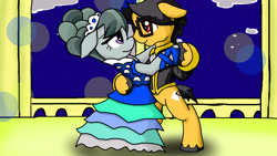 Size: 4608x2592 | Tagged: safe, artist:a.s.e, imported from derpibooru, marble pie, oc, oc:a.s.e, earth pony, pony, balcony, beautiful, bipedal, canon x oc, clothes, dancing, dress, duo, female, floppy ears, handsome, male, mare, night, romance, romantic, smiling, stallion, straight