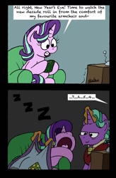 Size: 1024x1564 | Tagged: safe, artist:bobthedalek, imported from derpibooru, firelight, starlight glimmer, pony, unicorn, blanket, comic, cute, dialogue, duo, father and daughter, fathers gonna father, female, firebetes, glimmerbetes, male, new year, new years eve, offscreen character, onomatopoeia, sleeping, snorelight glimmer, snoring, sound effects, speech bubble, volumetric mouth, zzz