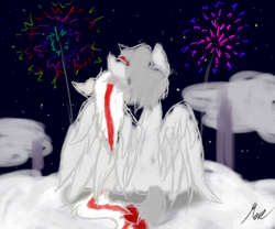 Size: 3000x2500 | Tagged: safe, artist:move, imported from derpibooru, oc, oc:arya, oc:awya, oc:move, pegasus, cloud, female, fireworks, hug, male, new year, night, sky