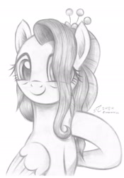 Size: 1920x2748 | Tagged: safe, artist:fladdrarblyg, artist:flutterstormreturns, imported from derpibooru, fluttershy, pegasus, pony, the last problem, bust, female, folded wings, grayscale, hair over one eye, hoof on chest, looking at you, mare, monochrome, older, older fluttershy, pencil drawing, portrait, raised hoof, simple background, smiling, solo, three quarter view, traditional art, white background, wings