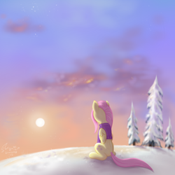 Size: 2666x2666 | Tagged: safe, artist:fladdrarblyg, artist:flutterstormreturns, imported from derpibooru, fluttershy, pegasus, pony, bottomless, clothes, dawn, facing away, female, folded wings, looking away, mare, outdoors, partial nudity, sitting, sky, snow, solo, sweater, sweatershy, tree, wings, winter