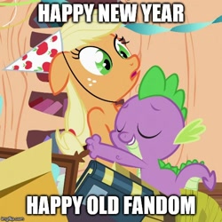 Size: 500x500 | Tagged: safe, edit, edited screencap, imported from derpibooru, screencap, applejack, spike, secret of my excess, 2020, caption, cropped, cute, eyes closed, golden oaks library, happy new year, hat, holiday, hug, image macro, meme, party hat, smiling, text