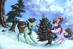 Size: 1920x1280 | Tagged: safe, artist:faline-art, imported from derpibooru, oc, earth pony, pony, christmas, christmas tree, clothes, duo, hat, holiday, saddle bag, santa hat, scarf, snow, tree, winter