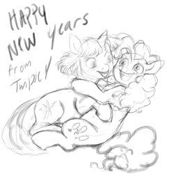 Size: 4000x4000 | Tagged: safe, artist:misstwipietwins, imported from derpibooru, pinkie pie, twilight sparkle, earth pony, pony, unicorn, female, happy new year, holiday, lesbian, monochrome, shipping, sketch, twinkie